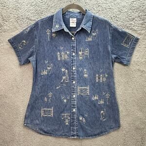 VTG Disney Women's Lg Denim Button Up Shirt All Over Embroidered Winnie-The-Poo